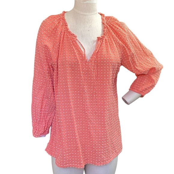 LOFT Cotton Textured-Swiss Dot Peasant Blouse Sz L Coral 36P - Picture 1 of 8